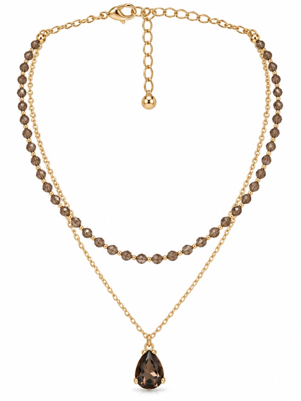 Fashion Jewelry Gold Layered Necklace with Brownish Teardrop Pendant